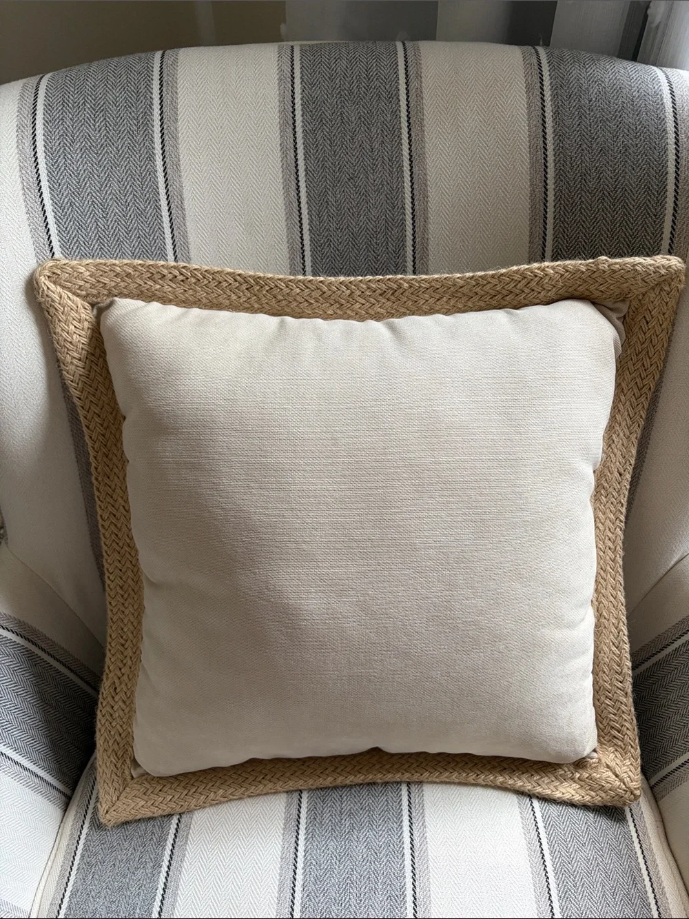 Set of 2 Neutral Beige Decorative Throw Pillows with Woven Jute Trim